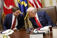 President Donald Trump speaks with U.S. Vice President JD Vance (L) during a meeting with President of Argentina Javier Milei in the Cabinet Room (Image via Getty)